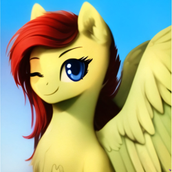 Size: 2048x2048 | Tagged: safe, imported from derpibooru, oc, oc:cordylight, pegasus, pony, ai content, ai generated, cute, generator:purplesmart.ai, generator:stable diffusion, male, messy mane, one eye closed, smiling, solo, spring wings, stallion, wings, wink