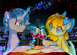 Size: 3882x2762 | Tagged: safe, artist:tingsan, imported from derpibooru, oc, oc:mercy snow, oc:norris heavenpeer, alcohol, bottle, bow, city, fireworks, glass, hair bow, wine, wine bottle, wine glass