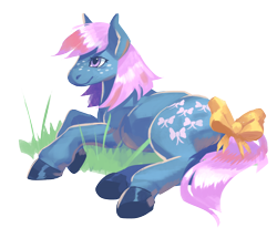Size: 1200x987 | Tagged: safe, artist:futuredustfuturerust, imported from derpibooru, earth pony, pony, bow, bow tie (g1), female, g1, grass, lying down, mare, simple background, solo, tail, tail bow, transparent background, underhoof