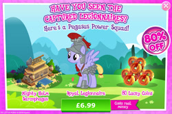 Size: 1958x1297 | Tagged: safe, imported from derpibooru, iron eagle, pegasus, pony, advertisement, armor, bush, costs real money, english, female, gameloft, helmet, lucky coin, mare, mobile game, my little pony: magic princess, numbers, official, royal legion, sale, sarcophagus, shovel, solo, solo focus, spread wings, statue, text, wings