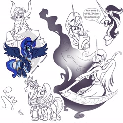 Size: 2048x2048 | Tagged: safe, artist:razzy, idw, imported from derpibooru, king sombra, lord tirek, princess luna, oc, alicorn, pony, unicorn, reflections, artemis luna, duo, egyptian, egyptian headdress, egyptian pony, female, good king sombra, mirror universe, scythe, simple background, white background