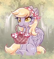 Size: 3073x3403 | Tagged: safe, artist:confetticakez, imported from derpibooru, derpy hooves, pegasus, pony, alternate hairstyle, bandana, basket, blushing, cottagecore, cute, derpabetes, drawn from memory, female, food, forest, grass, mare, mouth hold, muffin, picnic, picnic basket, picnic blanket, sitting, solo, tree, wings