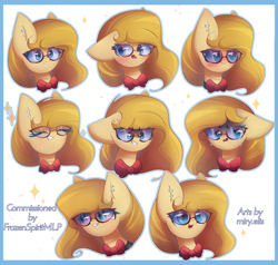 Size: 2100x2000 | Tagged: safe, artist:miryelis, imported from derpibooru, pony, angry, big ears, blushing, bow, commission, crying, emoji, expressions, glasses, long hair, piercing, shy, simple background, smiling, solo, sparkles, text, white background