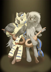 Size: 3508x4961 | Tagged: safe, artist:nergo, imported from derpibooru, pegasus, pony, fallout equestria, black, black sclera, chair, demina, duo, female, guitar, mare, music, musical instrument, singing, spotlight, stage, yellow eyes