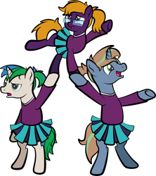Size: 1920x2166 | Tagged: safe, artist:alexdti, imported from derpibooru, oc, oc only, oc:brainstorm (alexdti), oc:purple creativity, oc:star logic, pegasus, pony, unicorn, bipedal, blushing, cheerleader, cheerleader outfit, clothes, female, glasses, high res, hooves, horn, lidded eyes, male, mare, open mouth, open smile, pegasus oc, simple background, smiling, stallion, standing, standing on two hooves, transparent background, two toned mane, underhoof, unicorn oc