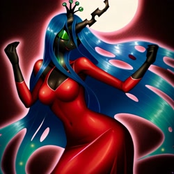 Size: 3072x3072 | Tagged: safe, imported from derpibooru, queen chrysalis, anthro, ai assisted, ai content, ai generated, breasts, dancing, eyes closed, female, generator:purplesmart.ai, generator:stable diffusion, red dress, solo