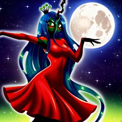 Size: 3072x3072 | Tagged: safe, imported from derpibooru, queen chrysalis, anthro, ai assisted, ai content, ai generated, breasts, clothes, dancing, female, generator:purplesmart.ai, generator:stable diffusion, moon, red dress, solo