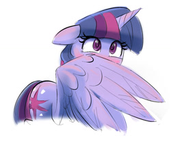 Size: 1506x1265 | Tagged: safe, artist:gsphere, imported from derpibooru, twilight sparkle, alicorn, pony, blushing, cropped, cute, female, floppy ears, hiding, hiding behind wing, mare, one wing out, simple background, solo, twiabetes, twilight sparkle (alicorn), white background, wings