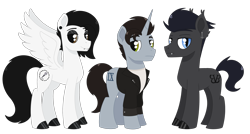 Size: 3148x1683 | Tagged: safe, artist:dyonys, imported from derpibooru, oc, oc:black veil, oc:ice nine, oc:motionless white, bat pony, earth pony, hybrid, pegasus, pony, unicorn, accessory, andy biersack, black veil brides, chris cerulli, clothes, ear piercing, earth bat pony, emo, hoof polish, ice nine kills, jacket, leather, leather jacket, male, motionless in white, piercing, shirt, simple background, spencer charnas, stallion, transparent background, trio