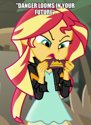 Size: 500x690 | Tagged: safe, edit, edited screencap, imported from derpibooru, screencap, sunset shimmer, human, equestria girls, movie magic, spoiler:eqg specials, caption, image macro, jackie chan adventures, solo, text