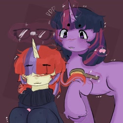 Size: 2048x2048 | Tagged: safe, artist:stanleyiffer, imported from derpibooru, moondancer, twilight sparkle, pony, unicorn, blushing, clothes, covering eyes, duo, glasses, magic, raised hoof, standing, sweater, unicorn twilight, unshorn fetlocks