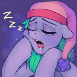 Size: 3000x3000 | Tagged: safe, artist:bloodymrr, imported from derpibooru, oc, oc only, oc:djsleepyhooves, earth pony, pony, drool, drool on face, eyes closed, female, hat, nightcap, onomatopoeia, open mouth, sleeping, snoring, solo, sound effects