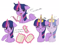 Size: 2048x1607 | Tagged: safe, artist:shagin_, imported from derpibooru, twilight sparkle, alicorn, pony, coffee, crown, cup, drinking straw, female, floppy ears, glowing, glowing horn, horn, jewelry, mare, paper, regalia, scroll, simple background, solo, tired, twilight sparkle (alicorn), white background