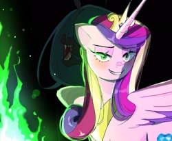 Size: 2048x1689 | Tagged: safe, artist:shagin_, imported from derpibooru, princess cadance, queen chrysalis, alicorn, changeling, changeling queen, disguise, disguised changeling, fake cadance, female, glowing, glowing eyes