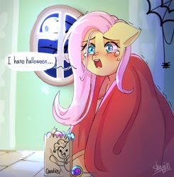 Size: 1354x1383 | Tagged: safe, artist:shagin_, imported from derpibooru, fluttershy, pegasus, pony, bag, blanket, candy, candy bag, crying, dialogue, female, food, halloween, holiday, indoors, night, open mouth, paper bag, scared, shivering, solo, speech bubble, stray strand, teary eyes
