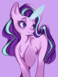 Size: 1536x2048 | Tagged: safe, artist:twilightsparkee, imported from derpibooru, starlight glimmer, pony, unicorn, female, glowing, glowing horn, horn, purple background, simple background, solo