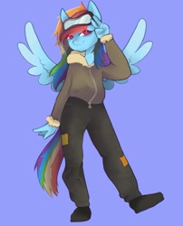 Size: 1647x2043 | Tagged: safe, artist:twilightsparkee, imported from derpibooru, rainbow dash, anthro, pegasus, blue background, clothes, female, simple background, solo