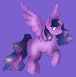 Size: 1749x1777 | Tagged: safe, artist:twilightsparkee, imported from derpibooru, twilight sparkle, alicorn, pony, female, flying, mare, missing cutie mark, purple background, simple background, solo, spread wings, twilight sparkle (alicorn), wings
