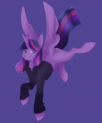Size: 1671x2010 | Tagged: safe, artist:twilightsparkee, imported from derpibooru, twilight sparkle, alicorn, pony, clothes, female, flying, looking at you, mare, missing cutie mark, purple background, simple background, smiling, solo, sweater, twilight sparkle (alicorn)
