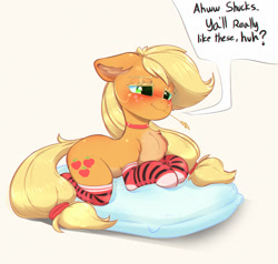 Size: 1000x952 | Tagged: safe, artist:inkypuso, imported from derpibooru, applejack, earth pony, pony, blushing, chest fluff, choker, chromatic aberration, clothes, cute, dialogue, female, freckles, jackabetes, lying down, mare, pillow, prone, simple background, socks, solo, stockings, straw in mouth, striped socks, thigh highs, white background