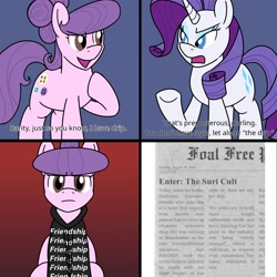 Size: 2000x2000 | Tagged: safe, artist:unitxxvii, imported from derpibooru, rarity, suri polomare, earth pony, pony, unicorn, comic, drip, duo, female, goku drip, high res, meme, newspaper