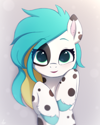 Size: 2000x2500 | Tagged: safe, artist:luminousdazzle, imported from derpibooru, oc, oc only, unnamed oc, earth pony, pony, appaloosa, coat markings, colored eartips, colored eyebrows, colored hooves, colored pinnae, cute, female, hair over one eye, half body, hooves to the chest, long mane, looking at you, lying down, mare, ocbetes, on back, smiling, smiling at you, solo, spots, two toned mane, unshorn fetlocks