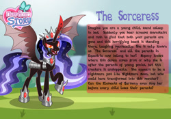 Size: 1280x893 | Tagged: safe, artist:aleximusprime, imported from derpibooru, cozy glow, oc, oc only, oc:the sorceress, alicorn, pony, flurry heart's story, alicorn oc, armor, bat wings, bio, crown, evil, fangs, female, half note (cozy glow), horn, jewelry, mare, nightmare cozy glow, nightmarified, oc villain, open mouth, red eyes, red horn, regalia, smiling, solo, spread wings, story included, wings