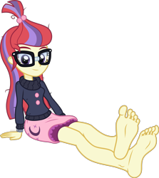 Size: 5000x5613 | Tagged: safe, artist:n0kkun, imported from derpibooru, moondancer, human, equestria girls, clothes, commission, feet, female, fetish, foot fetish, foot focus, glasses, looking at you, png, show accurate, simple background, sitting, soles, solo, sweater, toes, transparent background, vector, watch