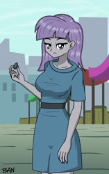 Size: 1353x2160 | Tagged: safe, artist:banquo0, imported from derpibooru, maud pie, human, equestria girls, the gift of the maud pie, boulder (g4), breasts, busty maud pie, clothes, dress, female, looking at you, manehattan, rock, solo