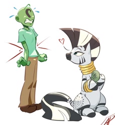 Size: 979x1070 | Tagged: safe, artist:applephil, imported from derpibooru, zecora, oc, oc:anon, human, zebra, duo, duo male and female, female, floating heart, heart, hug, male, mare, neck rings, simple background, sitting, sweat, voodoo doll, white background, you
