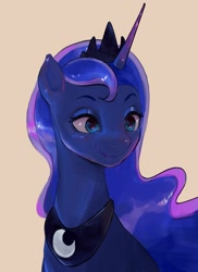 Size: 1072x1476 | Tagged: safe, artist:pascal571, imported from derpibooru, princess luna, alicorn, pony, bust, crown, ethereal mane, female, jewelry, mare, portrait, regalia, simple background, smiling, solo