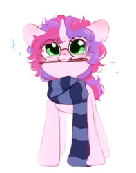 Size: 793x1004 | Tagged: safe, artist:melodylibris, imported from derpibooru, oc, oc only, oc:melody (melodylibris), pony, unicorn, clothes, female, glasses, harry potter (series), horn, magic wand, mare, mouth hold, round glasses, scarf, simple background, smiling, solo, sparkles, standing, striped scarf, unicorn oc, wand, white background