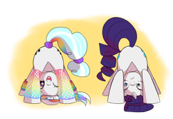 Size: 3261x2258 | Tagged: safe, imported from derpibooru, rarity, oc, earth pony, unicorn, butt, clothes, downward dog, duo, duo female, earth pony oc, exercise, face down ass up, female, leggings, looking at you, one eye closed, plot, rearity, shocked, shocked expression, simple background, smiling, transparent background, wink, yoga