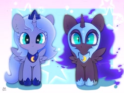 Size: 4000x3000 | Tagged: safe, artist:zokkili, imported from derpibooru, nightmare moon, princess luna, alicorn, pony, cute, duality, duo, ear fluff, female, filly, heart, heart eyes, looking at you, lunabetes, moonabetes, nightmare woon, smiling, spread wings, weapons-grade cute, wingding eyes, wings, woona, younger