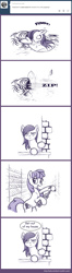 Size: 635x2400 | Tagged: safe, artist:choedan-kal, imported from derpibooru, berry punch, berryshine, oc, oc:cork dork, earth pony, pony, askcorkdork, bed, bottle, bottle opener, cellar, comic, cork, female, mare, monochrome, pop, reaction, sleeping, stealing, waking up, wine, wine bottle, wine cellar, zip lines