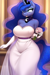 Size: 512x768 | Tagged: safe, imported from derpibooru, princess luna, anthro, ai content, ai generated, bare shoulders, big breasts, breasts, bride, busty princess luna, cleavage, clothes, crying, dress, female, flower, generator:novelai, generator:stable diffusion, happy, huge breasts, marriage, solo, strapless, tears of joy, wedding, wedding dress, wide hips, wingless, wingless anthro