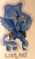 Size: 1682x2794 | Tagged: safe, artist:gracefulart693, imported from derpibooru, princess luna, alicorn, pony, female, hoof shoes, mare, peytral, raised hoof, solo, traditional art