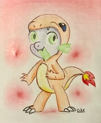 Size: 2929x3589 | Tagged: safe, artist:gracefulart693, imported from derpibooru, spike, charmander, dragon, abstract background, clothes, costume, cute, kigurumi, male, pokémon, signature, solo, spikabetes, traditional art