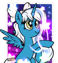 Size: 1748x1890 | Tagged: safe, artist:loverashley, imported from derpibooru, oc, oc only, oc:fleurbelle, alicorn, pony, alicorn oc, bow, commission, eyelashes, female, hair bow, horn, mare, simple background, smiling, solo, stars, transparent background, wings, ych result