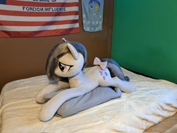 Size: 2048x1536 | Tagged: safe, artist:epicrainbowcrafts, imported from ponybooru, marble pie, earth pony, bed, bow, equestrian flag, flag, photo, pillow, plushie, ponybooru exclusive, tail bow