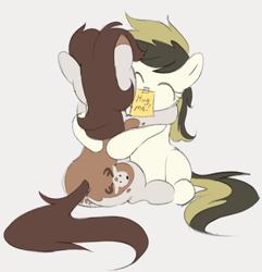 Size: 904x937 | Tagged: safe, artist:dotkwa, oc, oc only, oc:deary dots, earth pony, pony, earth pony oc, earth pony only, eyes closed, female, hug, mare, mute, simple background, sticky note, white background