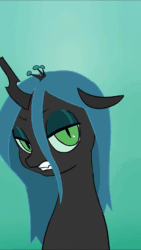 Size: 720x1280 | Tagged: safe, artist:doublewbrothers, imported from derpibooru, queen chrysalis, changedling, changeling, changeling queen, human, animated, antennae, blinking, chest fluff, cute, cutealis, dialogue, eyes closed, fangs, female, hand, looking at you, petting, purified chrysalis, reformed, reformed chrysalis, reformed villain, smiling, sound, talking to viewer, transformation, trill, webm