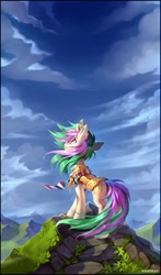 Size: 1387x2360 | Tagged: safe, artist:ramiras, imported from derpibooru, oc, oc only, pony, unicorn, armor, cloud, commission, crown, female, horn, jewelry, looking up, mare, mountain, not celestia, regalia, scenery, signature, solo, unicorn oc
