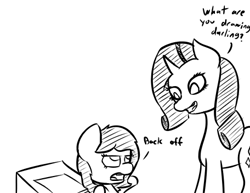Size: 456x352 | Tagged: safe, artist:happy harvey, edit, imported from twibooru, rarity, oc, oc:filly anon, earth pony, pony, unicorn, annoyed, black and white, cropped, dialogue, drawing, female, filly, grayscale, image, lidded eyes, looking at each other, monochrome, png, simple background, smiling, white background
