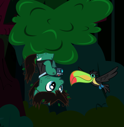 Size: 2012x2059 | Tagged: safe, artist:lightningbolt, derpibooru exclusive, imported from derpibooru, bird, earth pony, keel-billed toucan, pony, toucan, .svg available, beak, bring me the horizon, camera, clothes, hanging, hanging upside down, hoof hold, leaves, male, messy mane, messy tail, open mouth, outdoors, photography, ponified, shirt, show accurate, solo, spread wings, stallion, svg, t-shirt, tail, tom sykes, tree, upside down, vector, wings