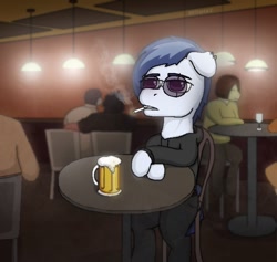 Size: 662x628 | Tagged: safe, imported from derpibooru, oc, oc only, pony, alcohol, beer, cafe, chair, cigarette, clothes, piercing, restaurant, room, table