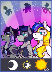 Size: 489x676 | Tagged: safe, artist:tyotheartist1, imported from derpibooru, oc, oc:blue crest, oc:marine crescent, oc:orion snow, bat pony, pegasus, pony, detailed background, night guard, poster, poster parody, royal guard
