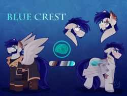 Size: 630x478 | Tagged: safe, artist:ghastlyexists, imported from derpibooru, oc, oc only, oc:blue crest, pegasus, amputee, artificial wings, augmented, enclave, enclave uniform, eye scar, facial scar, flustered, male, metal wing, pegasus oc, prosthetic limb, prosthetic wing, prosthetics, reference sheet, scar, uniform, wings