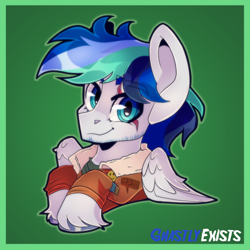 Size: 676x676 | Tagged: safe, artist:ghastlyexists, imported from derpibooru, oc, oc:orion snow, pegasus, bust, eye scar, facial scar, headshot commission, implied spitfire, pegasus oc, portrait, scar, simple background, wonderbolt jacket