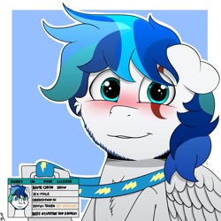 Size: 676x676 | Tagged: safe, artist:h3nger, imported from derpibooru, oc, oc only, oc:orion snow, pegasus, pony, blushing, eye scar, facial scar, horny on main, id card, implied shipping, implied spitfire, pegasus oc, scar, simple background